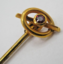 Antique 9k Yellow Gold & Ruby Stick Pin For Tie Cravat Lapel