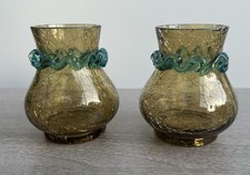 2 x Vintage Murano Crackle Glass Amber and Blue Effect Bud Vases