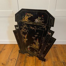 Vintage Oriental Lacquer Panel Screen Black Gold Hand Painted Art Asian Scenery