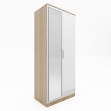 High Gloss 2 Door Mirror Wardrobe with Hanging Rail White&Oak Storage Cupboard