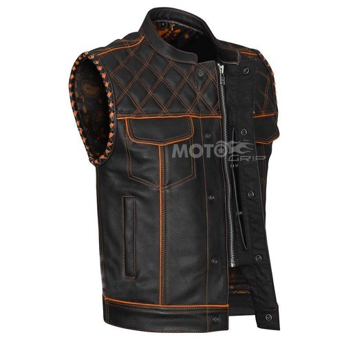 Men black leather vest - black,