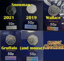 UK coin card 50p 2019 2021 Gruffalo an mouse Wallace Gromit Snowman boy cartoon