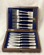 Antique Silver Plated Fish Knives Forks Ornate Engraved Cutlery 6 Set Canteen