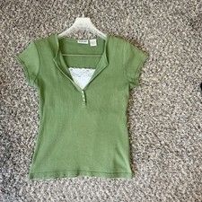 Vintage Energy Top Y2K Tee Shirt Ribbed Green Preppy Bella Swan Size L Stretch