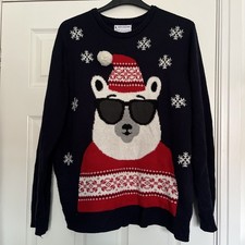 Christmas Jumper Sweater Size L Cool Polar Bear Navy Red White Snowflakes Used