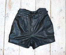 Women’s VTG C&A High Waist Pleated BLack 100% Leather Paperbag Shorts UK 6 W24