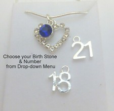 BirthStone & Crystal Heart Birthday Necklace Number Charm in Gift Box & Bag