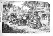 Original Old Antique Print 1856 Market Day Stall Sellers Donkey Animals Food