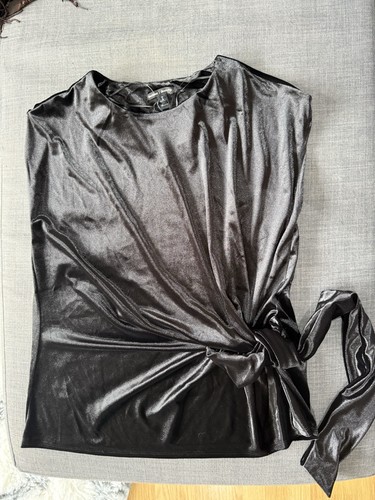 Black satin tie front - black, blouse