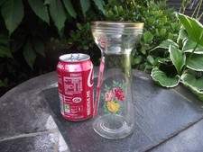 Vtg Mid Century Retro Clear Glass Hyacinth Vase Roses Print Shabby Gilt Top Rim