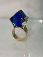 9ct Gold Modernist Ring, Lapis Cube 1970, Unique Statement Ring British Hallmark