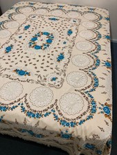 Vintage 1960s Bed Bedspread Double Retro NOS 240x240cm Floral Lace Blue Rose