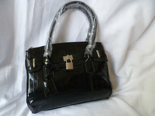 Black Patent Faux Crocodile Pattern with Padlock Decoration