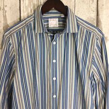 THOMAS PINK Men's Shirt 16" Fits as MEDIUM Blue Striped Long Sleeve Casual