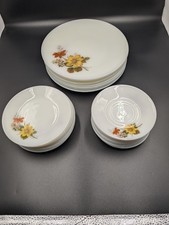 JAJ Pyrex Autumn Glory Dinner Plates, Side plates, Saucer - Milk Glass Tableware