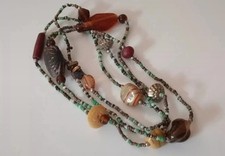 Multicoloured Brown Glass Seed Bead Flapper Length Necklace Boho Layering Metal