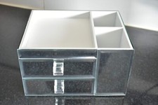 SILVER CRUSHED MIRRORED GLASS JEWELLERY BOX WITH 2 DRAWERS + MAKEUP BRUSH HOLDER