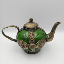 Moroccan style small teapot green pottery and encased in metal handmade 