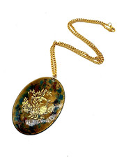 Vintage Enamel on Copper Pendant Necklace -Large Oval - Gold Floral Scales Libra
