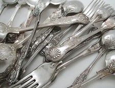 Antique Silver Plated Kings Queens Bouillon Soup Dessert Spoon Fork Cutlery