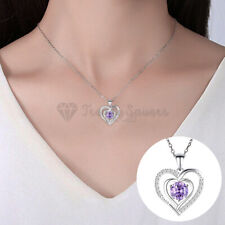 Amethyst Gem Round Cut Double Heart 925 Sterling Silver Pendant Necklace Gift UK