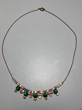 Vintage Gold Coloured Diamante AB  and Emerald Green Necklace - 41cm