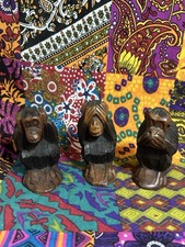 Three Vintage Hear Speak See No Evil Monkeys Hand Carved Dark Wood Set Ex Cond