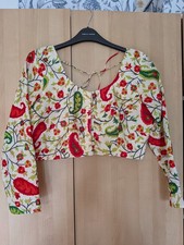 Indian blouse UK 10-12 saree lehenga cream red green floral Christmas