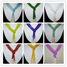 3 Strands Natural 4mm Gemstone Round Beads 7-8mm White Pearl Scarf Necklace 50''
