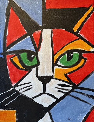 Cubist cat painting green eyes - painting,