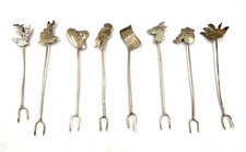 Antique Set of 8 Novelty Sterling Silver Cocktail Sticks Circa 1920