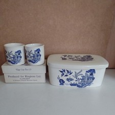 Ringtons Palissy Ceramic Blue Willow Patttern Butter Box and 2 Egg Cups