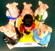 WADE VINTAGE - NAT WEST BANK  - FAMILY OF FIVE PIGGY BANKS + CAST IRON JOLLY MAN