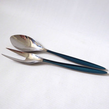Mid century Cathrineholm Norway Cathedral salad servers. Serving spoon fork teal