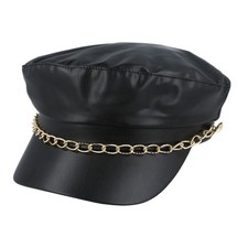PU Rain Breton Sailor Captain Cap Black and  Red Gold Chain Anchor Button
