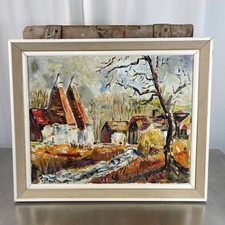 Original Oil Painting Oast House And Stream Countryside 49x59cm Framed Artwork