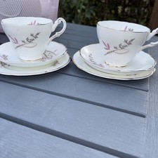 Regency Bone China Pink Flowers Gold Rim Two Tea Cup Two Saucers Two Tea Plates.