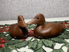 A Pair Of Wooden Hand Carved Glass Eyed Ducks