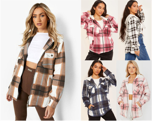 Ladies check oversized hooded - check,