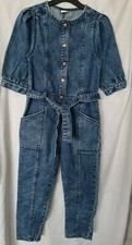 New Next Girls Faded Look Puff Sleeve Denim Belted Jumpsuit Size 6 ,9 Years