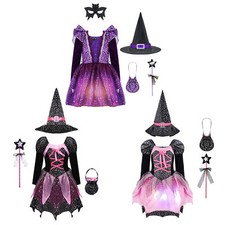 Witch Costume Outfit Kids Halloween 4Pcs Wizard Magician Cosplay Fancy Dress Up
