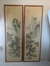 Pair of Tall Japanese Framed Hand Painted Wall Hangings