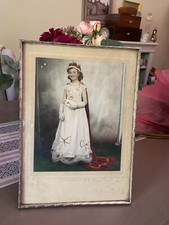Vintage Large Silver Frame 1953 Queen Elizabeth Coronation Photo Girl Crown Bag