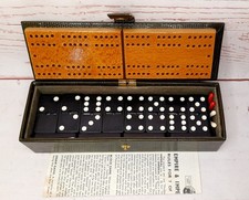 Vintage Dominoes Cribbage Board Set 28 Green Real Leather Box By Wiljon England