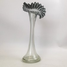 Victorian Hand Blown Glass Trumpet Vase with Ruffled Rim - 13" Tall Black Grey