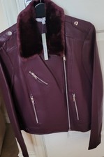 Red Herring Aubergine Faux Leather Biker Jacket/  Faux Fur Collar, Size 14  Bnwt