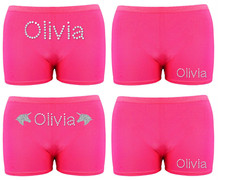 NEON PINK Personalised LYCRA Black Dance Gymnastic Gym Shorts Glitter Text 