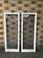 Pair Of Reclaimed Old Leaded Light Wooden Windows 1077 x 410mm 1075 x 400mm
