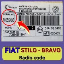Unlock Pin Code provided FIAT STILO BRAVO VISTEON Radio Stereo Security Code