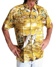 LOUD Hawaiian shirt, dark yellow with palms/ large fish, S, 48" STAG NIGHT PARTY